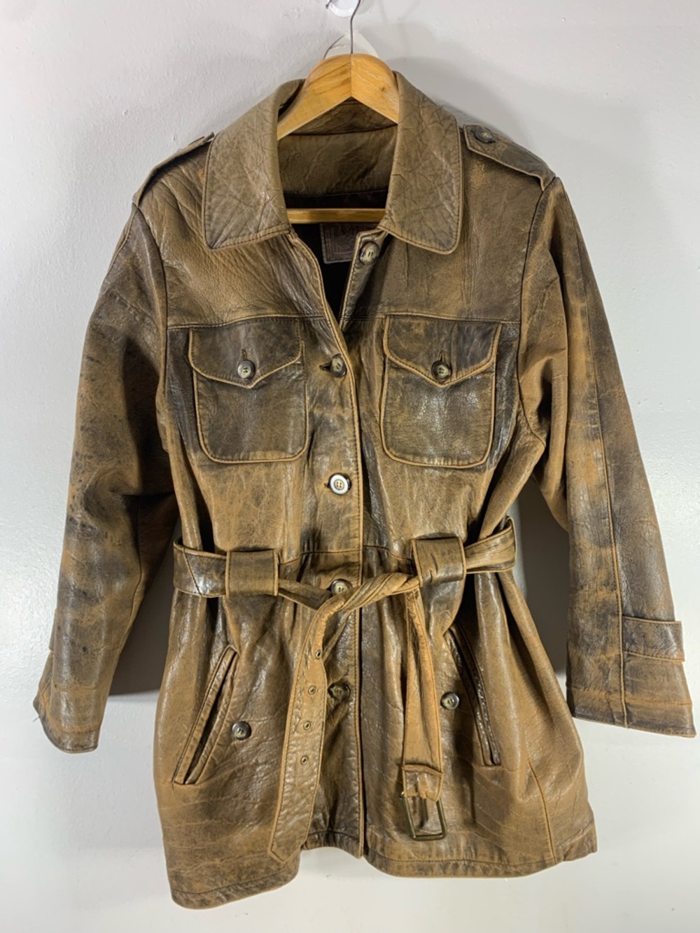 Rare 90s unique style vintage safari trench inspired  distressed leather jacket